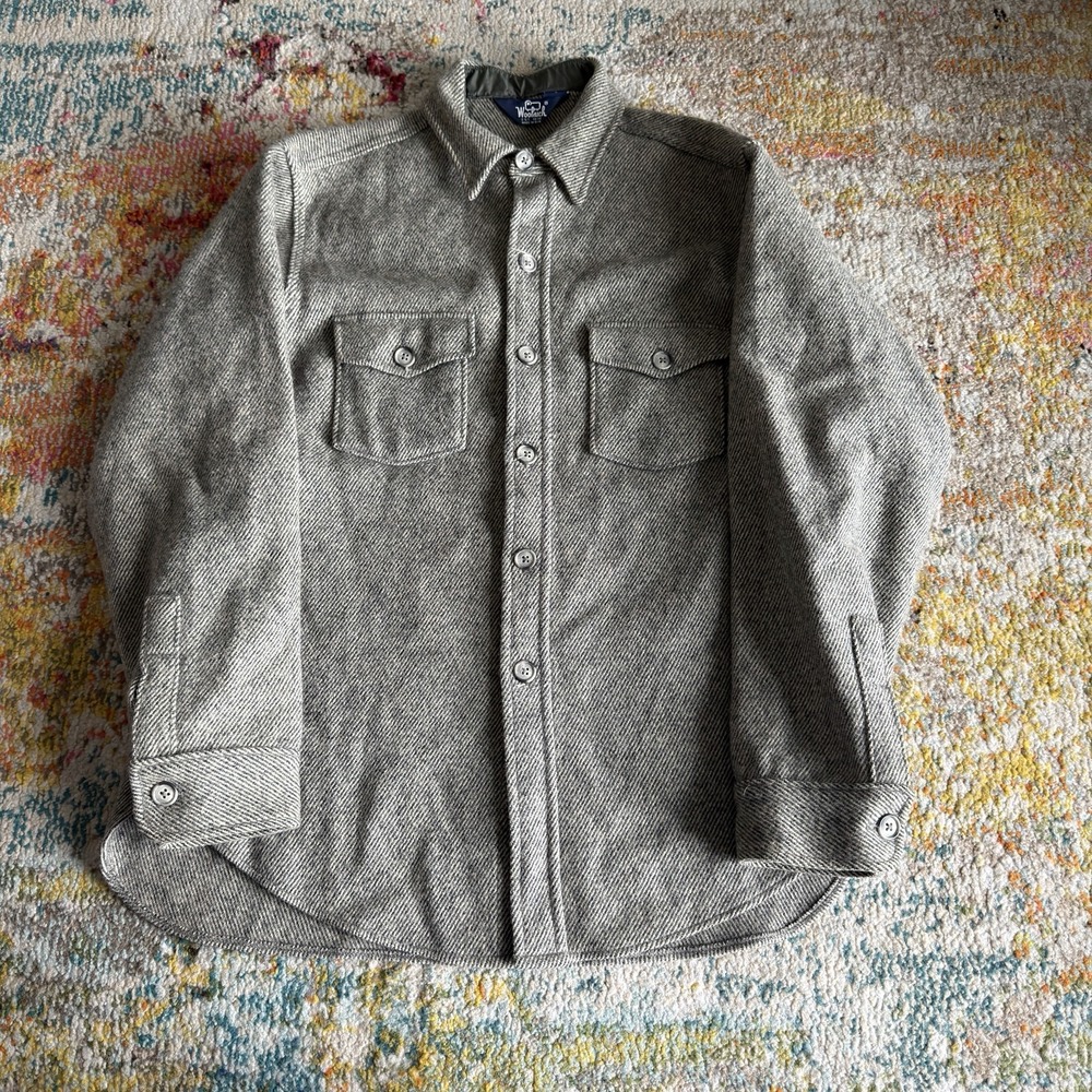 Vtg Woolrich Shirt Jacket Mens L Gray Herringbone Wool Blend USA Made